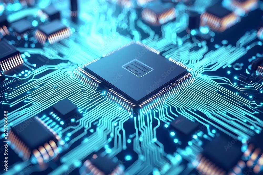 Poster modern illustration of a futuristic circuit board featuring processor code on a blue technology back