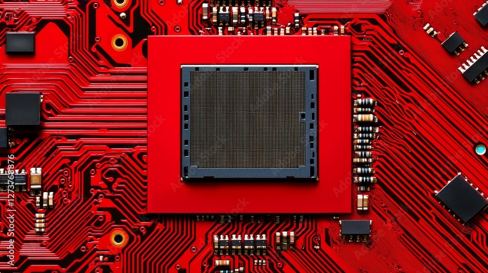 Poster a red printed circuit board with an electronic chip componentelectronic chip situated on a red print