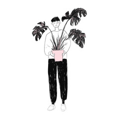 A cheerful man holding a house plant illustration drawing person vector