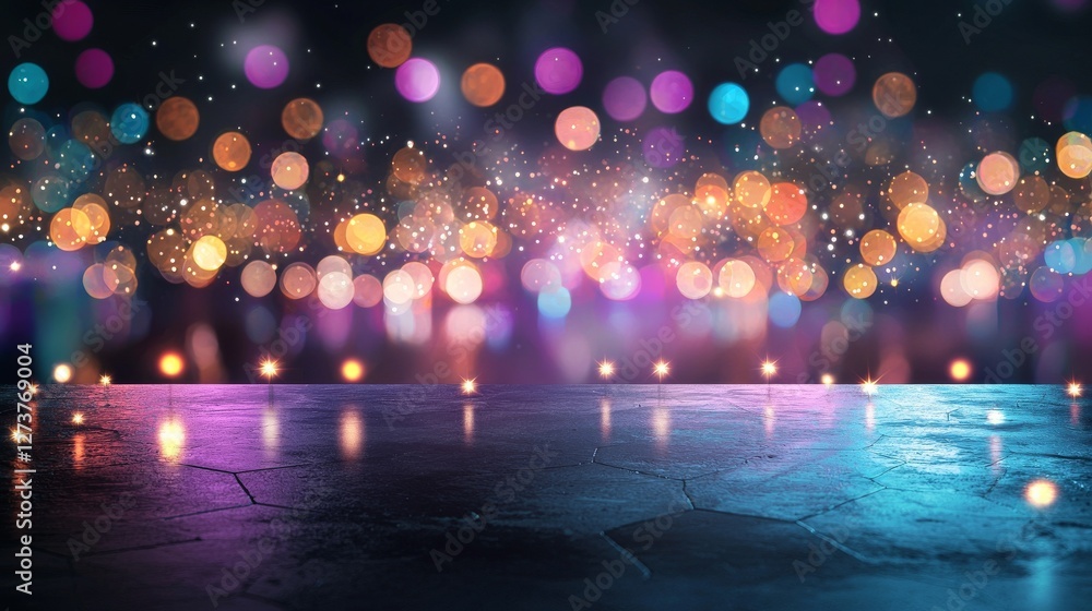 Poster an empty concert venue with a blurred background and colorful stage lights effectively captures the 