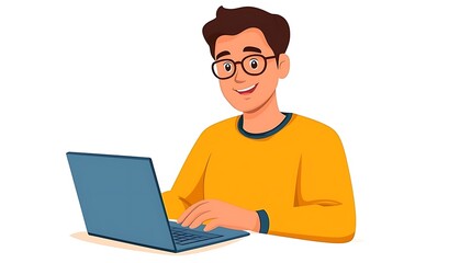 Smiling man types on laptop. Use Website header. Background isolated white