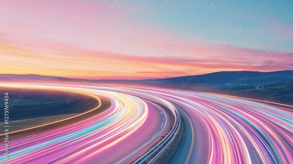 Poster digital marketing's speed and movement are symbolized by a highway with multicolored light trails in
