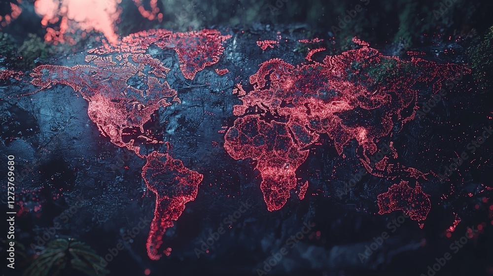 Poster a world map with an abstract design and technical background overlaid with financial data