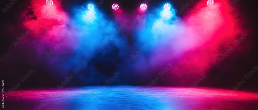 Poster stage light and vibrant smoke creating a dynamic atmosphere with blue and red color blend