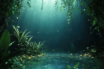 Fototapeta premium Enchanted forest stream, lush greens, mystical light.