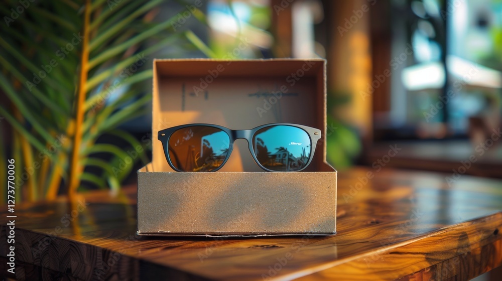 Fototapete a pair of trendy sunglasses sits in a cardboard box on a wooden table within a contemporary cafe, il
