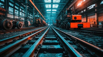 Naklejka premium Industrial Warehouse Interior with Railway Tracks and Heavy Machinery in a Vintage Factory Setting