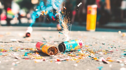 Used fireworks firecrackers lie on asphalt, concept of Spent pyrotechnics