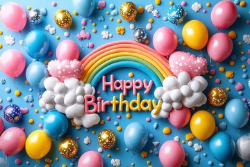 Colorful Birthday Celebration Background with Rainbow, Balloons, and Fun Decorations Perfect for Festive Occasions, Party Invitations, and Social Media Posts