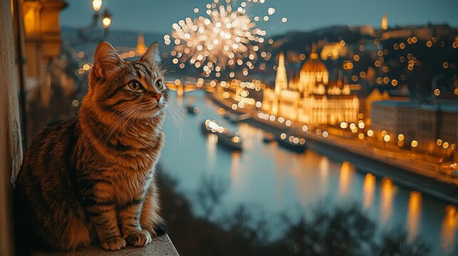 The subject of your stock photo is a tabby cat sitting on a wall, gazing out at a city skyline with fireworks exploding in the air