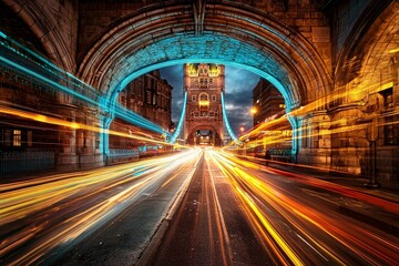 Tower Bridge in London, England, is seen at night with visible light trails