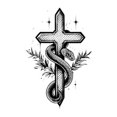 Obraz premium Cross with snake tattoo illustration black white vector
