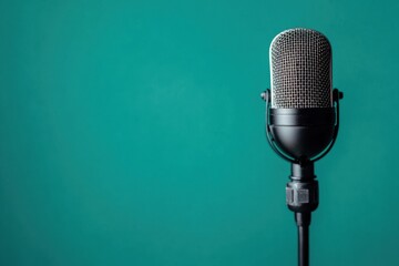 Fototapeta premium A vintage microphone stands against a backdrop of teal