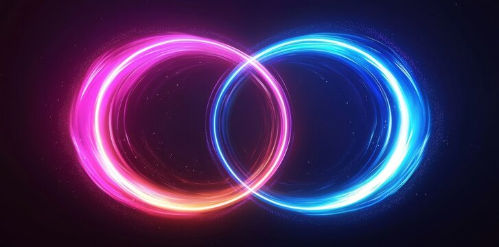Neon orange and cyan rings layered over one another on a neon lighting background produce a dynamic visual effect characterized by an energetic, bursting quality