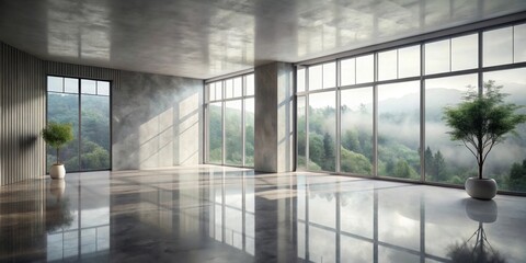 Fototapeta premium Serene Minimalist Interior Expansive Windows Showcase Misty Mountain Vista, Polished Concrete Floor Reflects Tranquil Landscape
