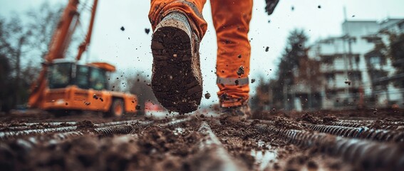 A detailed image of a construction worker examining reinforcement bars at a bridge building location, showcasing a meticulous and specialized approach