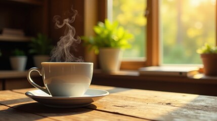 Aromatic Steam Rising from a Warm Mug on a Rustic Wooden Table near a Sunlit Window