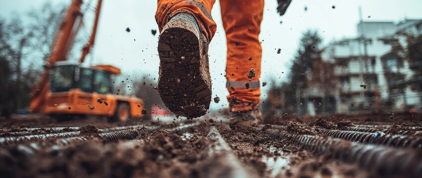 A detailed image of a construction worker examining reinforcement bars at a bridge building location, showcasing a meticulous and specialized approach