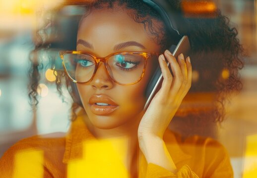 In a call center, a crm or woman is engaged in conversation, consulting, or explaining customer services, possibly as a virtual assistant, contact person, or biracial sales consultant for a