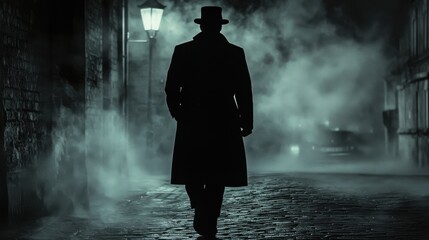 A detective walking through a foggy street at night. Featuring suspense and mystery