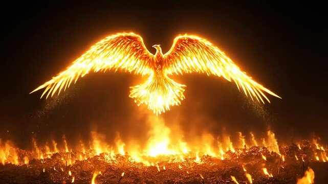 Majestic phoenix rising from fiery ashes at dusk during a mystical transformation event