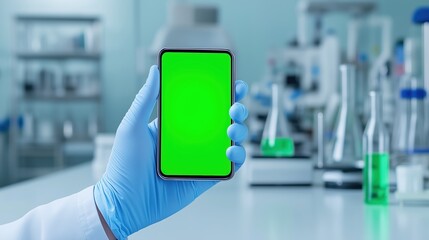 Scientist Holding Smartphone with Green Screen in Laboratory, Medical Research and Technology Concept