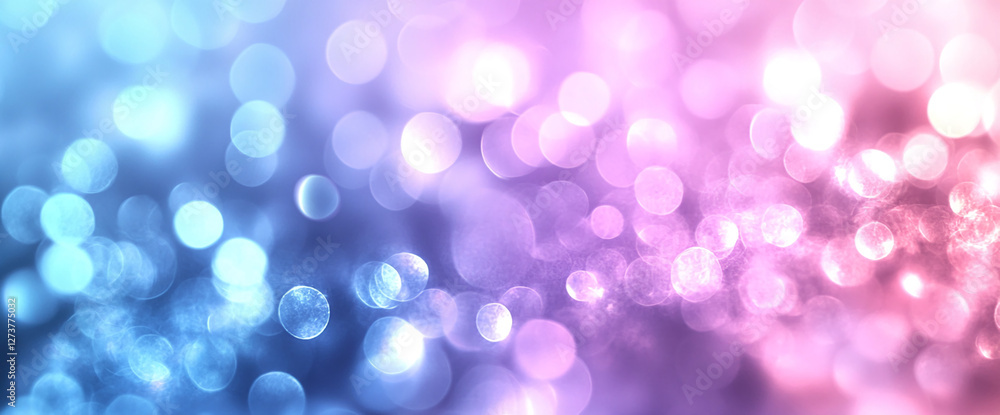 Poster A soft focus close-up image of pink and blue bokeh lights blending together, creating a dreamy, vibrant, and abstract background filled with sparkling orbs of light.