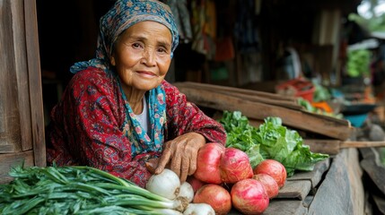 Fototapeta premium Elderly Woman at a Vegetable Market in Southeast Asia