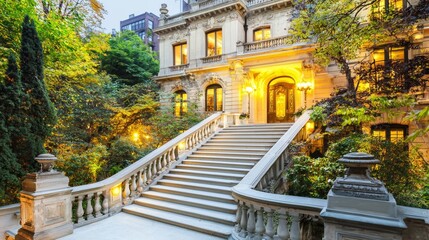 Fototapeta premium A grand stone terrace in classic style with an intricately ornamented staircase and traditional outdoor lighting fixtures that evoke an elegant feel