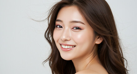 髪の毛を風になびかせる希望に満ちた笑顔の若い女性の横顔