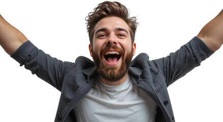Joyful Man with Beard Arms Raised Open Mouth Happy Expression Studio Shot