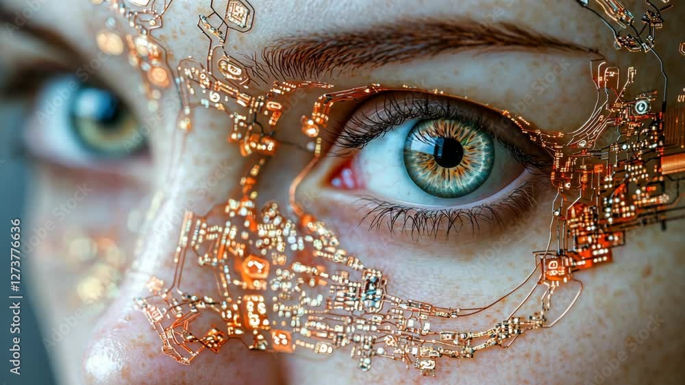 Poster eye with intricate digital circuitry design showcases a blend of technology and human features in a 