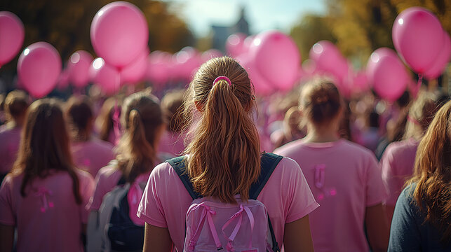 Breast Cancer Awareness Walk with Crowd in Pink Shirts and Balloons – Supportive Women Marching for Charity – Inspirational Event, Unity, Hope, and Strength Against Cancer