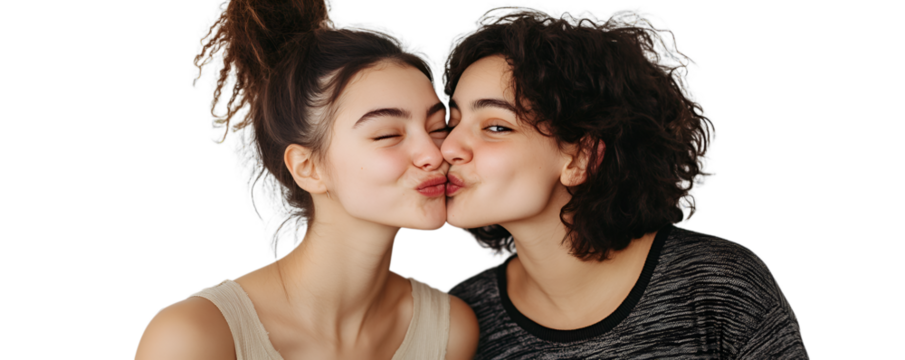 A heartfelt kiss between two women, their profiles visible as they lean in towards each other in a loving embrace