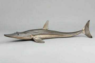 Isolated silvery paddlefish resting horizontally on a gray surface