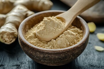 Ground ginger powder fills a wooden bowl, accompanied by fresh ginger roots on a textured dark surface, showcasing natural culinary ingredients.