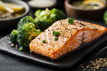 A beautifully presented dish features two grill-marked salmon fillets topped with herbs and sesame seeds, accompanied by bright green broccoli on a stylish black plate.