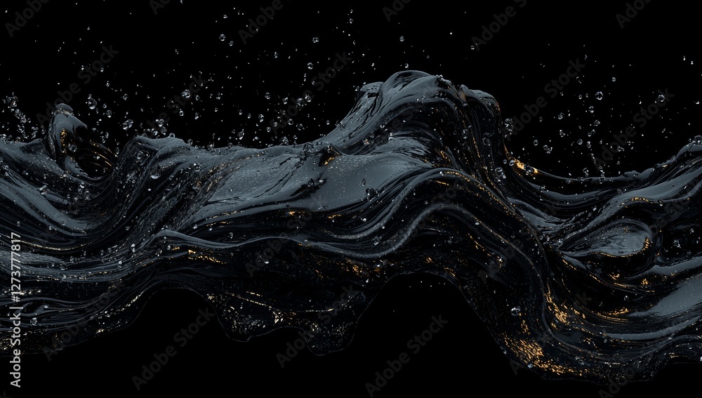 Poster a mesmerizing abstract image featuring a dynamic flow of metallic waves in silver and gold, creating