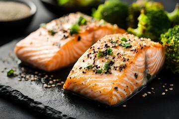 A beautifully presented dish features two grill-marked salmon fillets topped with herbs and sesame seeds, accompanied by bright green broccoli on a stylish black plate.