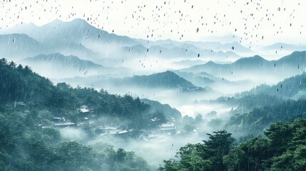 Misty mountain village rain; scenic landscape background