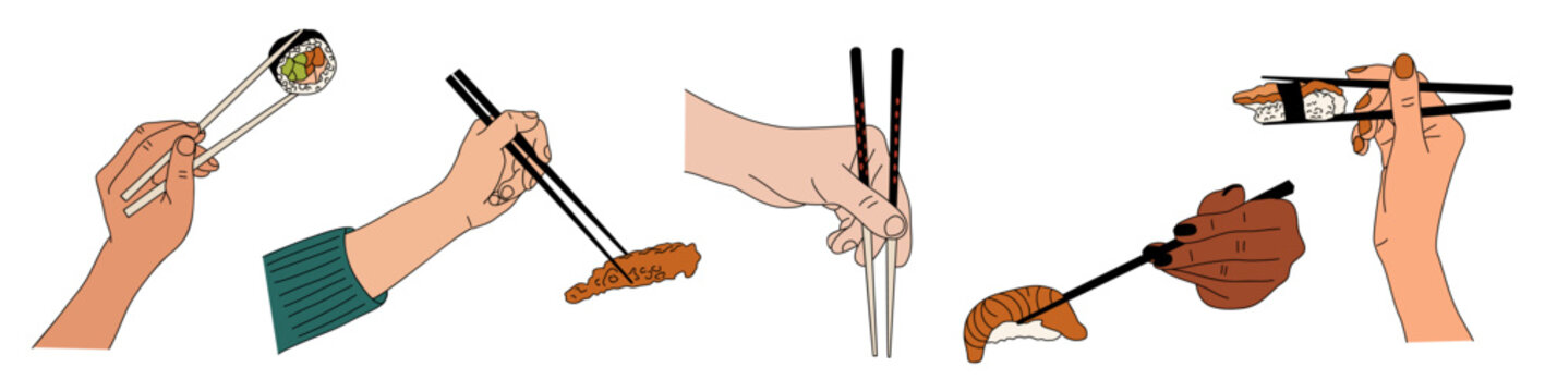 Set of different hands holding chopsticks with sushi, Asian Japan food.  Asia meal, traditional dishes with rice, salmon, sauce. Flat graphic vector illustration isolated on transparent background