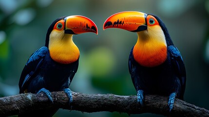 Naklejka premium Brightly colored toucans sit close together on a branch, showcasing their striking orange and yellow beaks. The background features rich green foliage, adding to the tropical atmosphere.