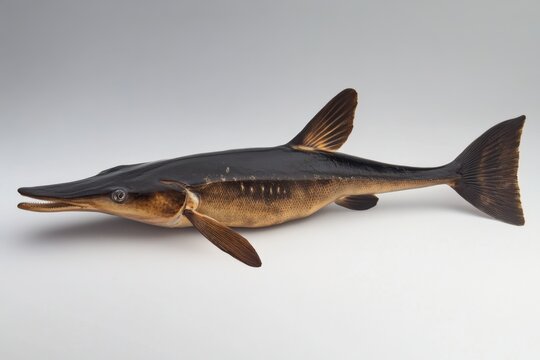 Taxidermied paddlefish specimen exhibited on a bright white background