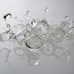 "Abstract macro background of moving oil drops, with soft, fluid-like shapes floating gracefully across a pure white background. The oil drops are translucent and varying in size, some gently merging 