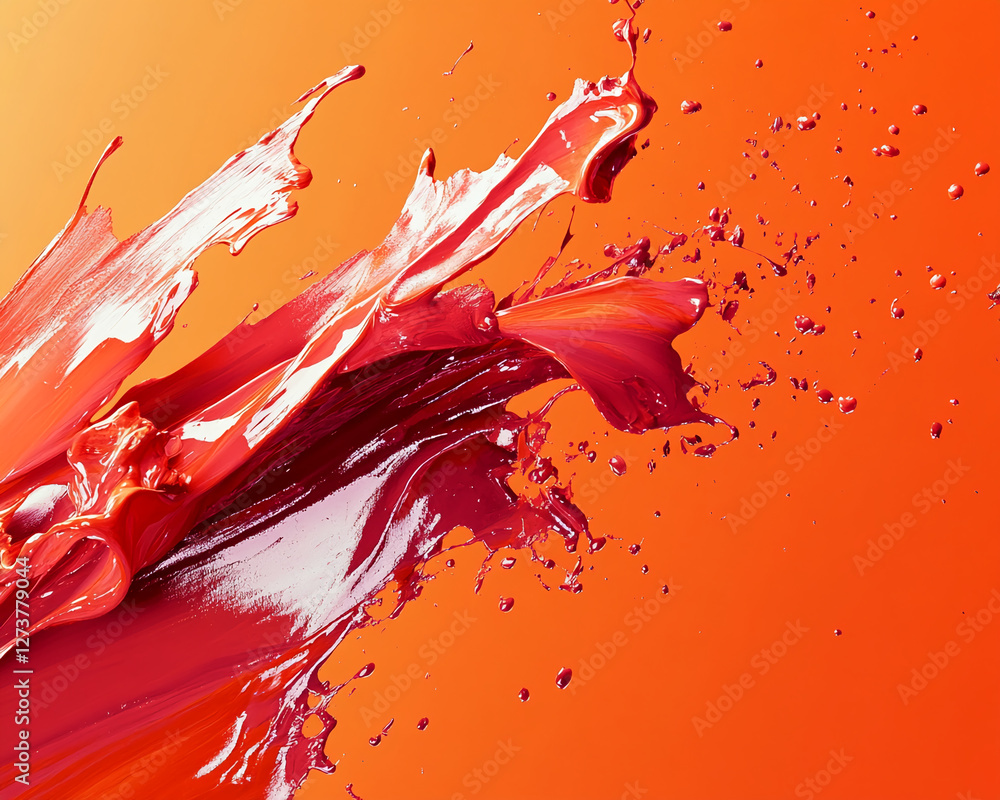 Aufkleber a vibrant splash of red paint on an orange background, showcasing dynamic fluid movement and color c