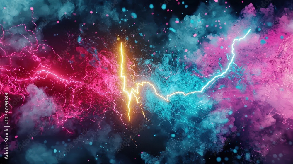 Poster a colorful explosion of light and color with a yellow and red line in the middle
