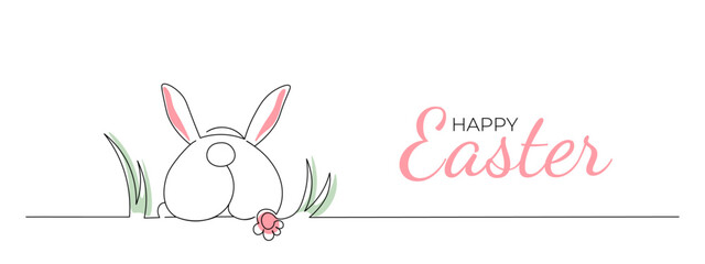 One continuous line drawing of rabbit in grass. Happy Easter banner. Editable stroke, simple, doodle design, vector illustration