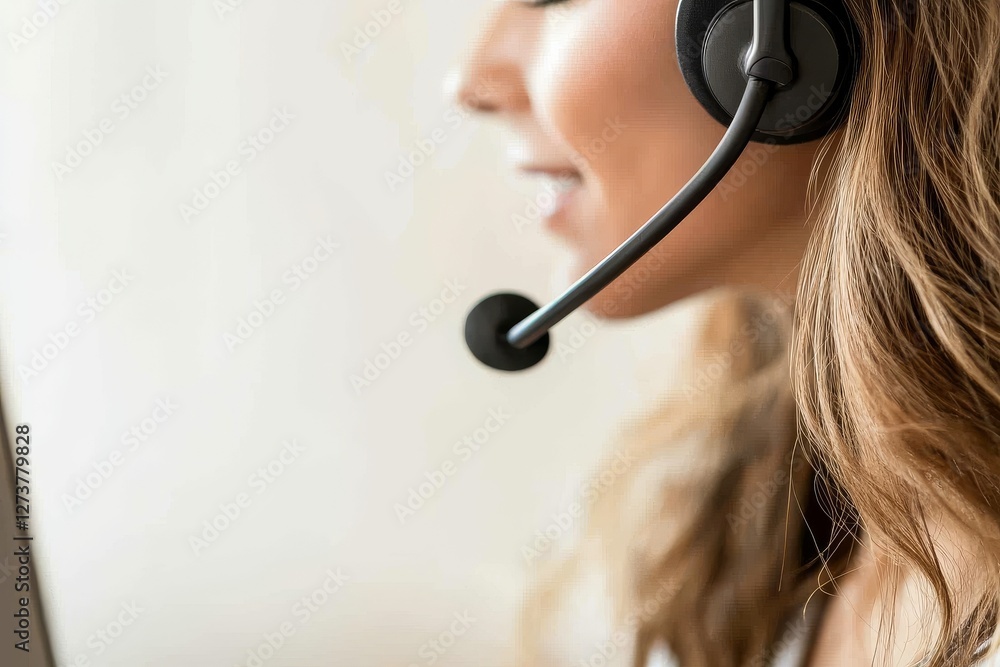 Poster in a team office setting, a man is employed in a call center, using a computer and headset to offer 