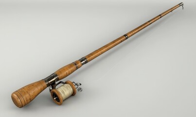 A close-up view of a wooden fishing rod and reel, showcasing intricate details and textures