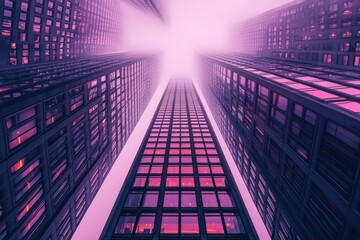 Tall modern building featuring numerous set against a beautiful pink sky